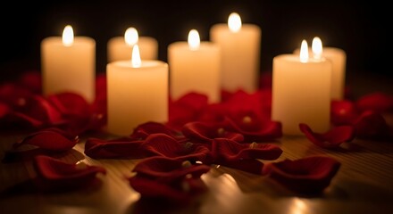 Romantic Candles with Rose Petals in Dark.
