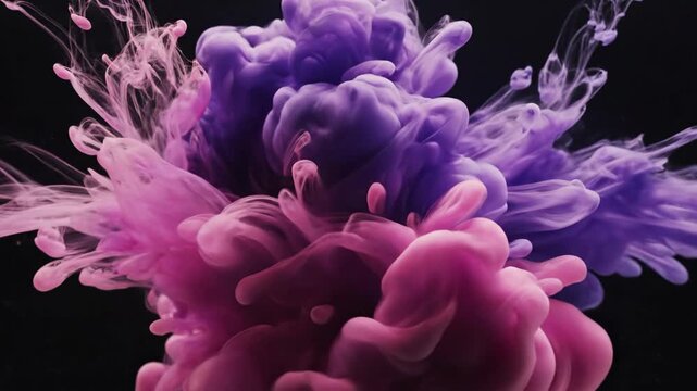 Pink and purple pigment cloud in dark liquid, forming soft, billowy shapes, against a black background