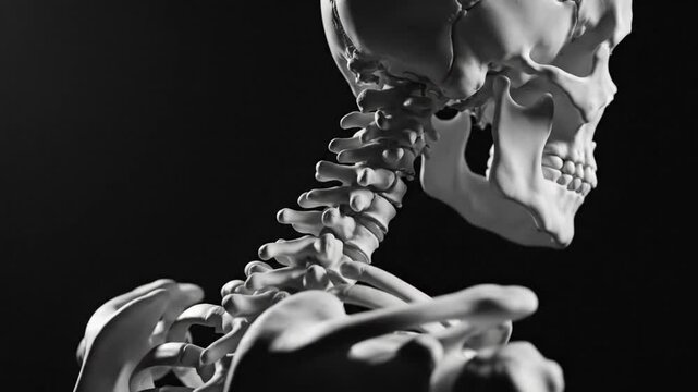 Detailed 3D rendering of a human skeleton's skull and upper torso, showcasing intricate bone structure from a side viewpoint