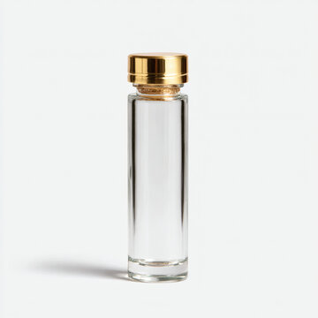 Empty glass perfume vial with gold cap isolated on white background