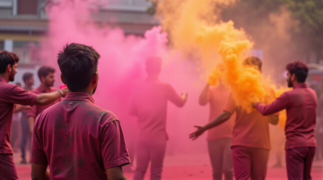 Holi festival - Groups sing and dance, some playing drums and dholak