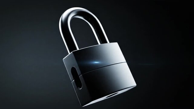 Minimal floating padlock locking animation, matte black finish clean dark gradient background