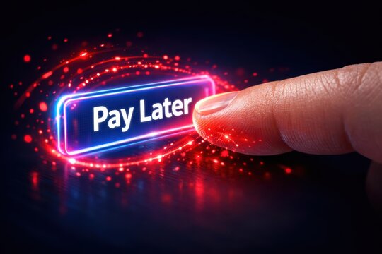 Pay Later Digital Interface: An index finger interacts with a glowing, futuristic interface, highlighting the Pay Later option with a vibrant display.