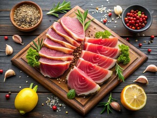  Tuna steak, slices, hero shot dark background