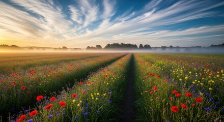 Serene flower field at sunrise with vibrant colors