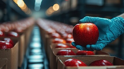 A gloved hand selects a red apple from a conveyor belt. Rows of boxes. Inside industrial plant
