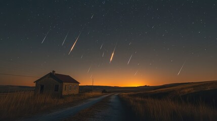 An old rural dwelling sits beneath a night sky filled with a meteor shower, a dirt road ahead