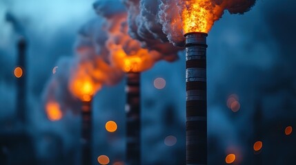 Industrial chimneys expelling smoke, fire-like glow at their openings, against a blurred, bluish backdrop
