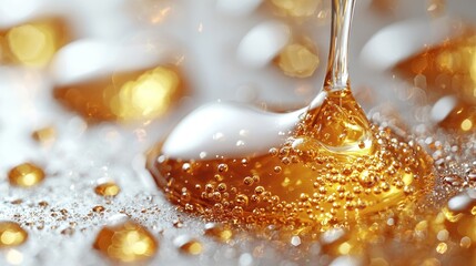 Close-up of viscous liquid, golden hue, flowing and creating bubbles on a bright, reflective surface