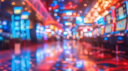 Blurry interior shot of an entertainment space with slot machines and ambient colorful lights