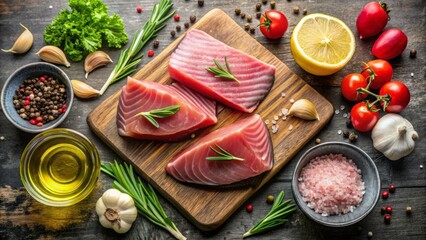  Tuna steak, slices, hero shot dark background