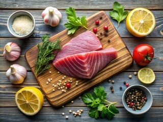  Tuna steak, slices, hero shot dark background