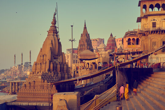 Panorama of Varanasi city ghat at Ganges river, India