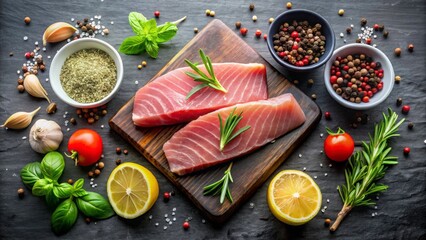  Tuna steak, slices, hero shot dark background