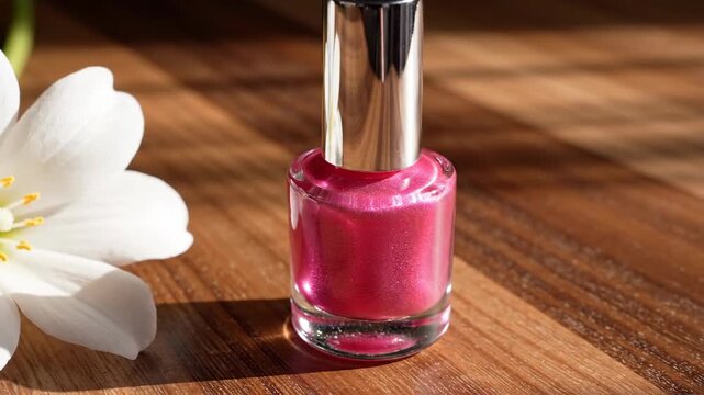 Pink nail polish and white flower on warm wood surface in sunlight with leaf shadows and shiny silver cap