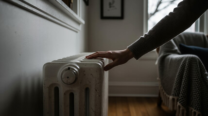 Hand adjusting radiator in cozy living room during winter  