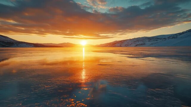 Golden Sunset Over Frozen Lake: A breathtaking moment as the sun dips below the horizon, painting the icy surface and surrounding peaks with vibrant hues.