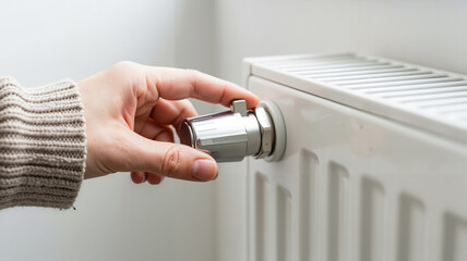 Person adjusting heating valve on a radiator at home  