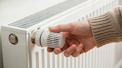 Hand adjusting radiator temperature control in a cozy indoor setting  