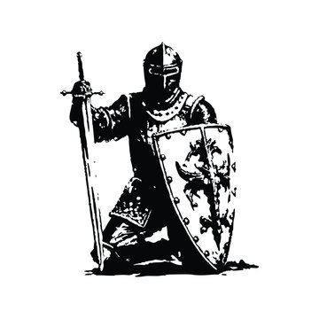Black and white vintage illustration of a medieval knight kneeling with sword and shield hand drawn style vector art