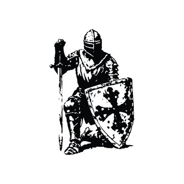 Black and white vintage illustration of a medieval knight kneeling with sword and shield hand drawn style vector art