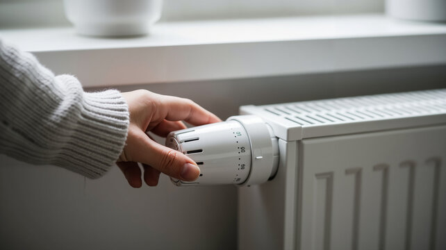 Hand adjusting radiator thermostat in cozy indoor environment  