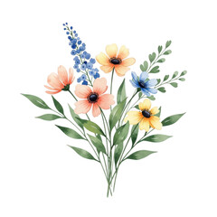 Obraz premium A vibrant bouquet of wildflowers in full bloom with delicate greenery isolated on transparent background