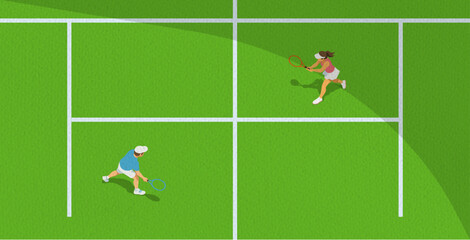 Top View Tennis Court with Two Players – 2D Flat Vector Illustration