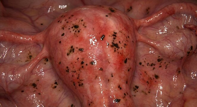 Endometriosis gynecology fertility medical illustration shows uterus and peritoneum with dark hemorrhagic lesions, inflamed pelvic tissue surface, detailed pathology visualization clinical education