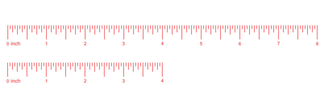 Measuring chart, ruler scale with 4 and 8 inches set. Length measurement distance, height, math. Sewing tool with four and eight inch templat