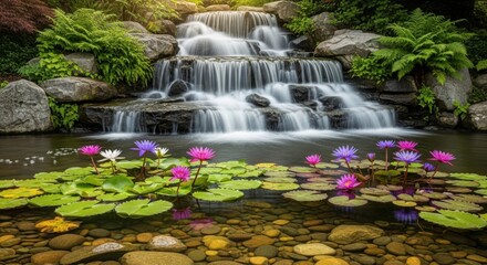 Serene waterfall surrounded by lush greenery and vibrant water lilies