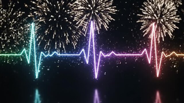 Neon Heartbeat Pulse Line on Dark Background with Reflection and Fireworks.