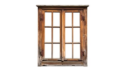 Obraz premium Distressed wooden window frame with multiple panes, isolated on white backdrop