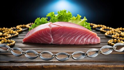  Tuna steak, slices, hero shot dark background