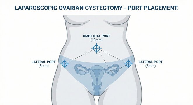 Laparoscopic port placement diagram for ovarian cyst surgery shows female abdomen with trocar incision points and ghost view uterus ovaries demonstrating triangulation, medical education