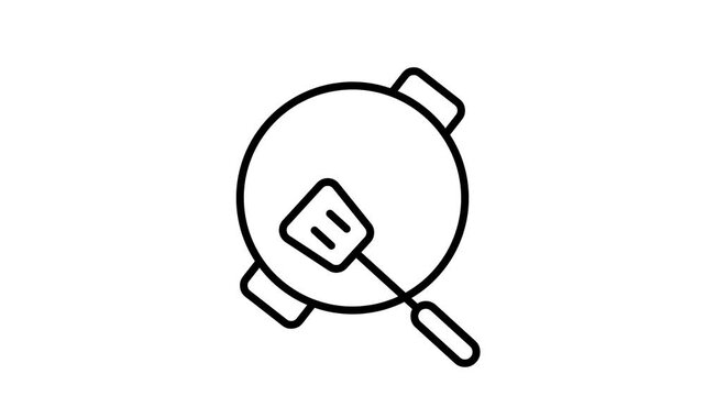 Animated cooking pan with spatula line icon on white background