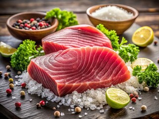  Tuna steak, slices, hero shot dark background