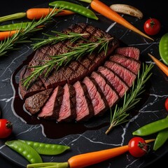 Sliced roast beef served with fresh vegetables on black plate