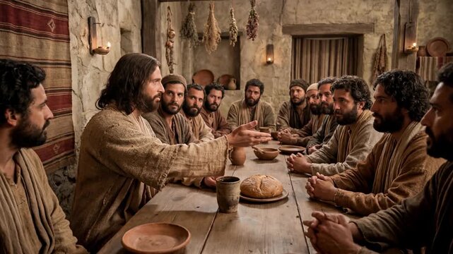 Jesus Christ teaching his disciples at the last supper, with a prophetic warning of betrayal