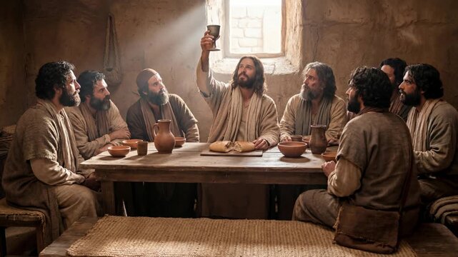 Jesus and disciples share the last supper in a biblical scene, highlighting christian sacred event for easter and passion week