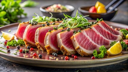 raw tuna slices arranged neatly minimal on white