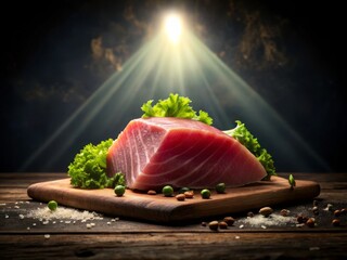 Tuna steak, slices, hero shot dark background