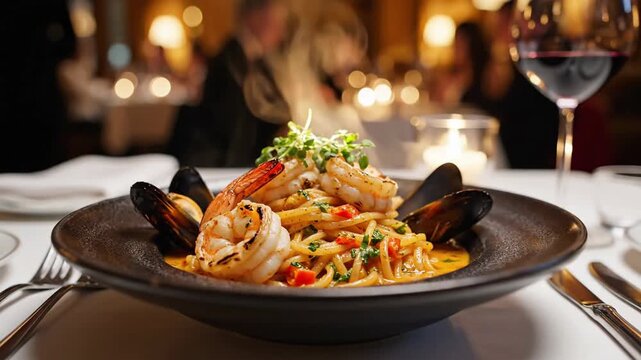 Plated pasta with shrimp and mussels, garnished with greens on table setting in restaurant environment