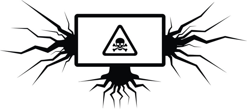 Silhouette of a computer monitor infected with a deadly virus showing a skull warning sign.