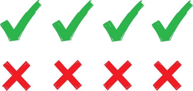 Four green check marks and four red x marks isolated on white background, representing correct and incorrect choices, approval and disapproval, or yes and no