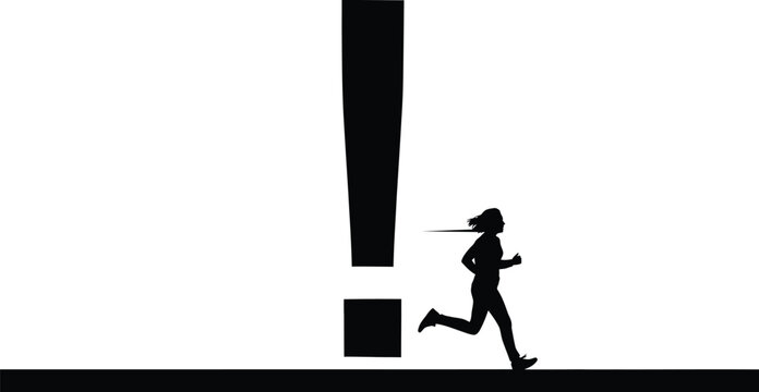 Silhouette of a woman running away from a giant exclamation mark.