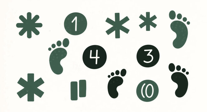 Hand drawn footnote symbols and icons. Imperfect organic vector illustration set. Green asterisks numbers and footprints for planners and journals