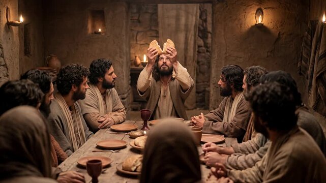 Jesus Christ breaking bread and looking up, first communion at a historical dinner. Christian historical event.