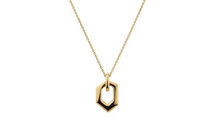 Fototapeta premium Minimalist modern gold hexagon pendant necklace on a delicate chain.