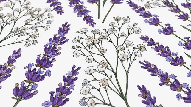 Artistic depiction of purple lavender and small white flower branches, all against a clean white backdrop